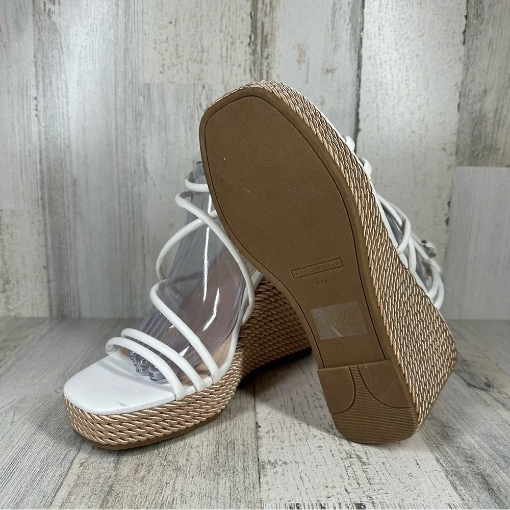 Marc‎ Fisher Sandal Women's 10 Zarah Wedge Strappy White Faux Leather